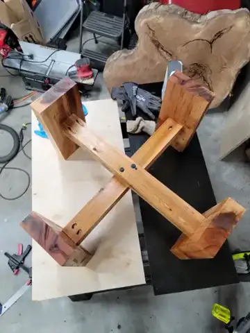 Wood stand frame upside down on the bench