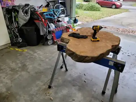 Round live-edge table top on sawhorses